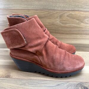 FLY LONDON Yegi Wedge Boots Womens 10 EU 41 Orange Rust Suede Ankle Booties